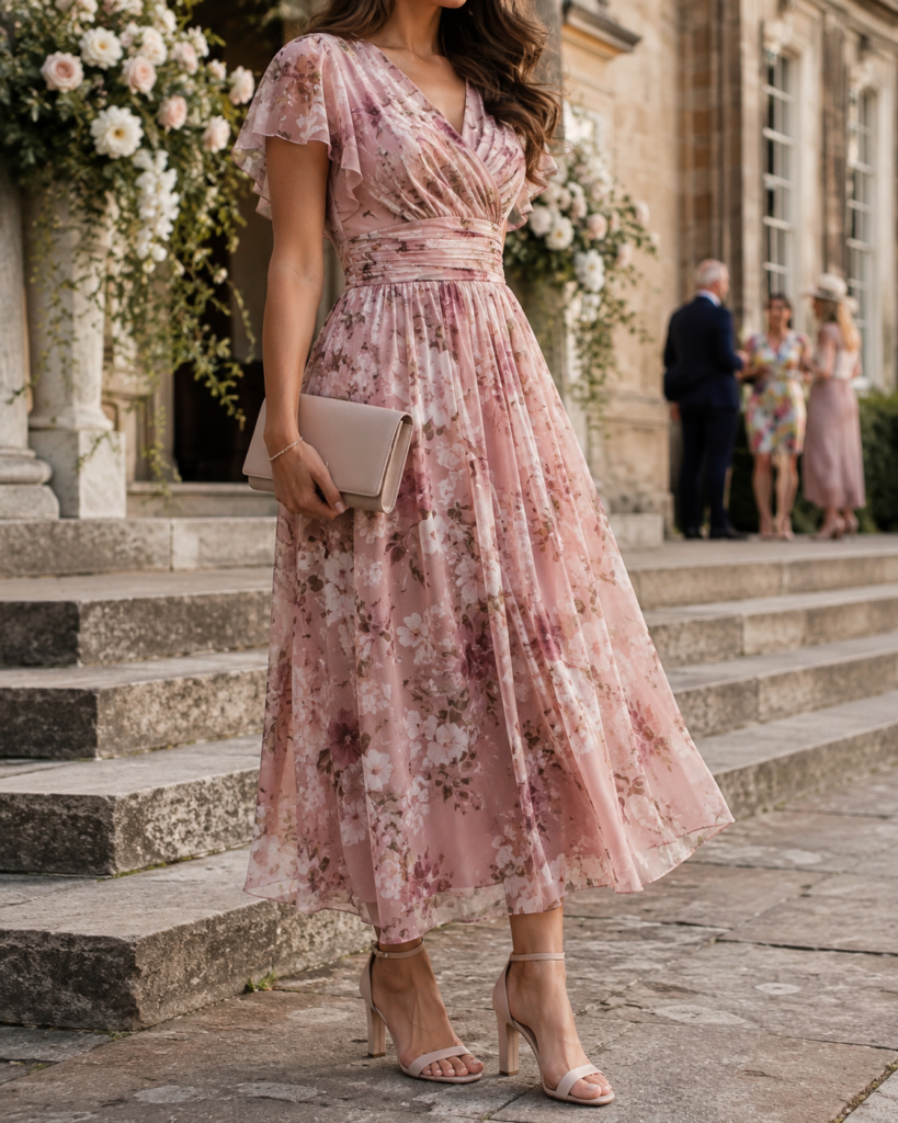 pink floral wedding guest dress