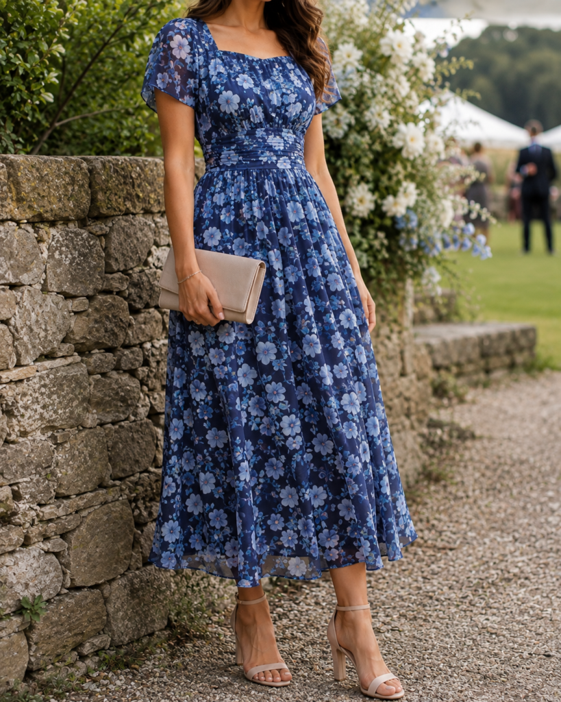 blue floral wedding guest dress