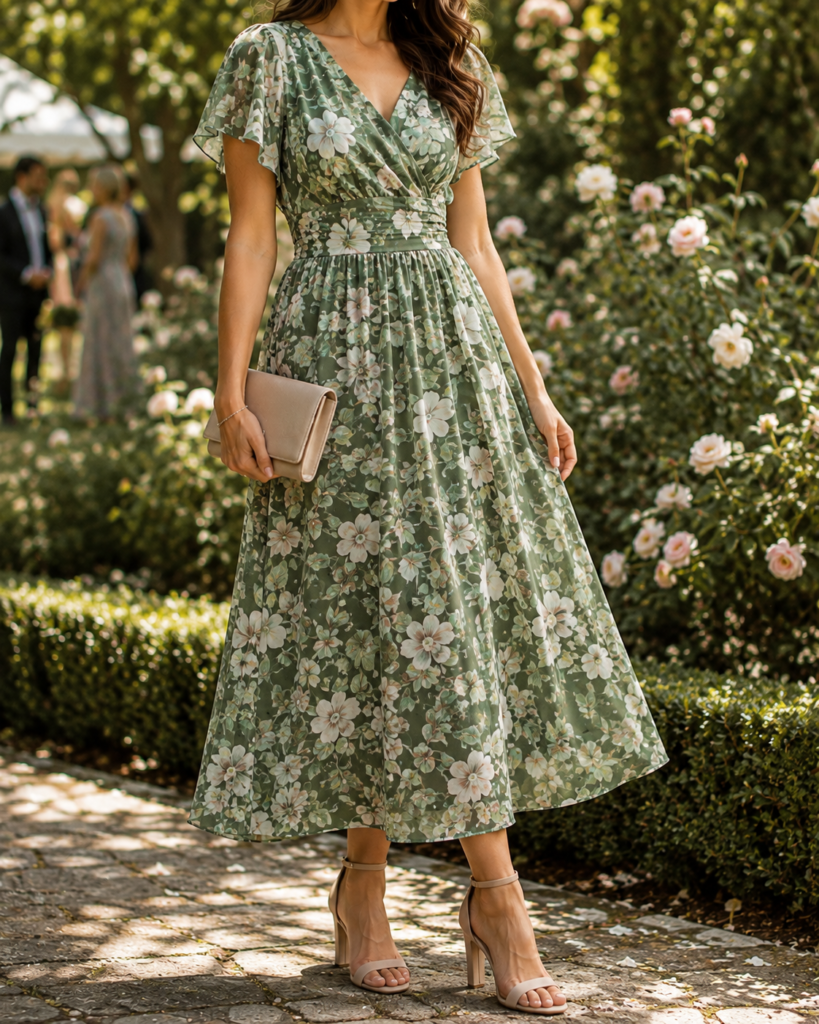green floral wedding guest dress