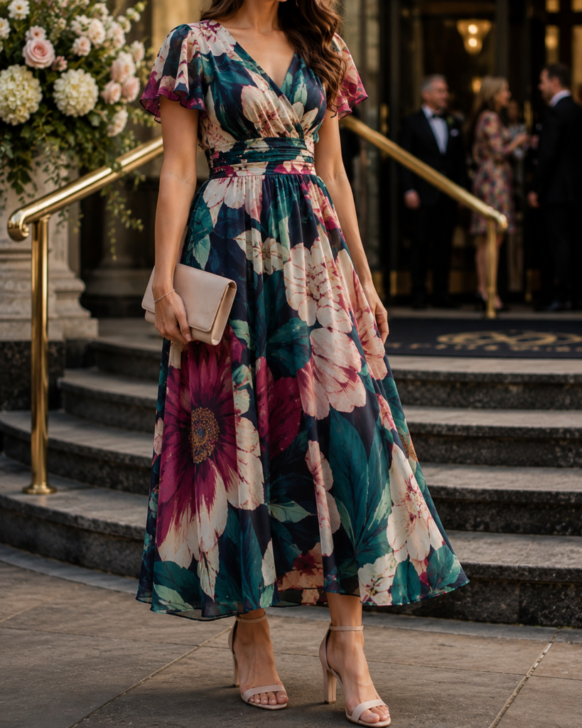 bold botanical wedding guest dress