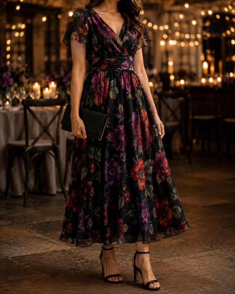 black floral wedding guest dress