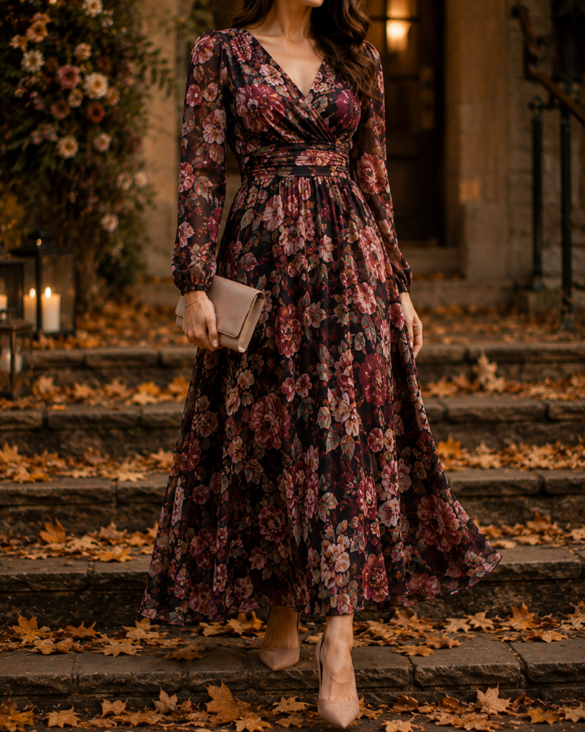 long sleeve floral wedding guest dress