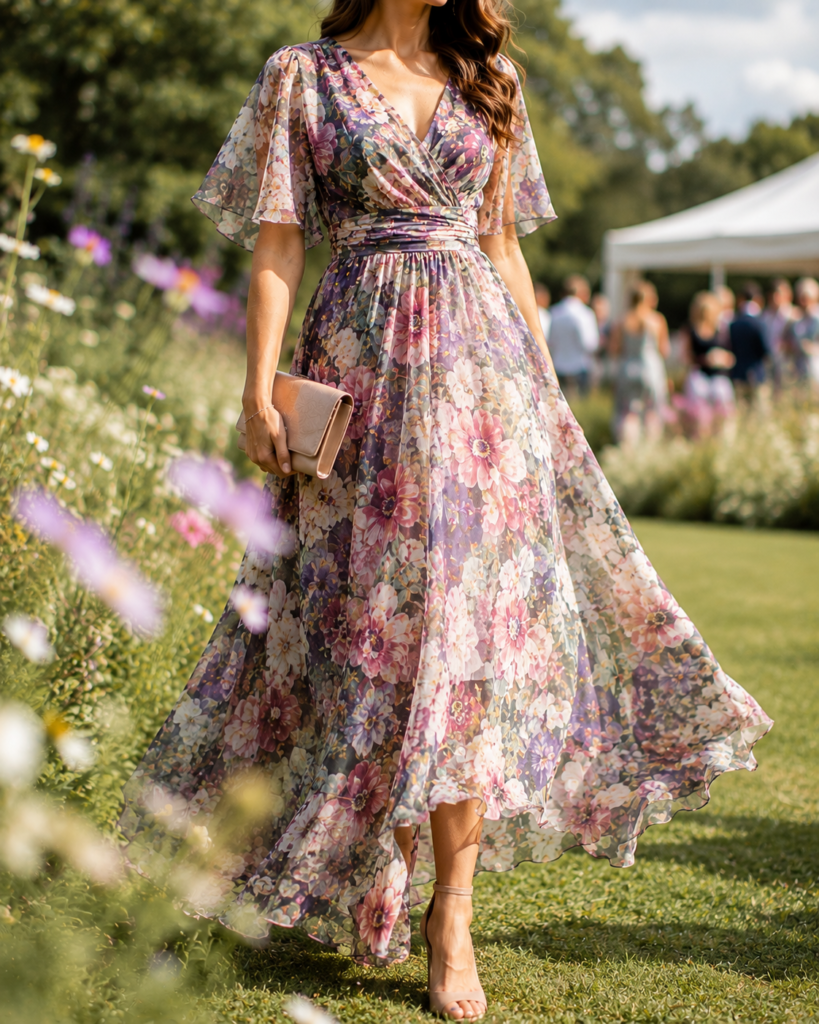 floral chiffon wedding guest dress