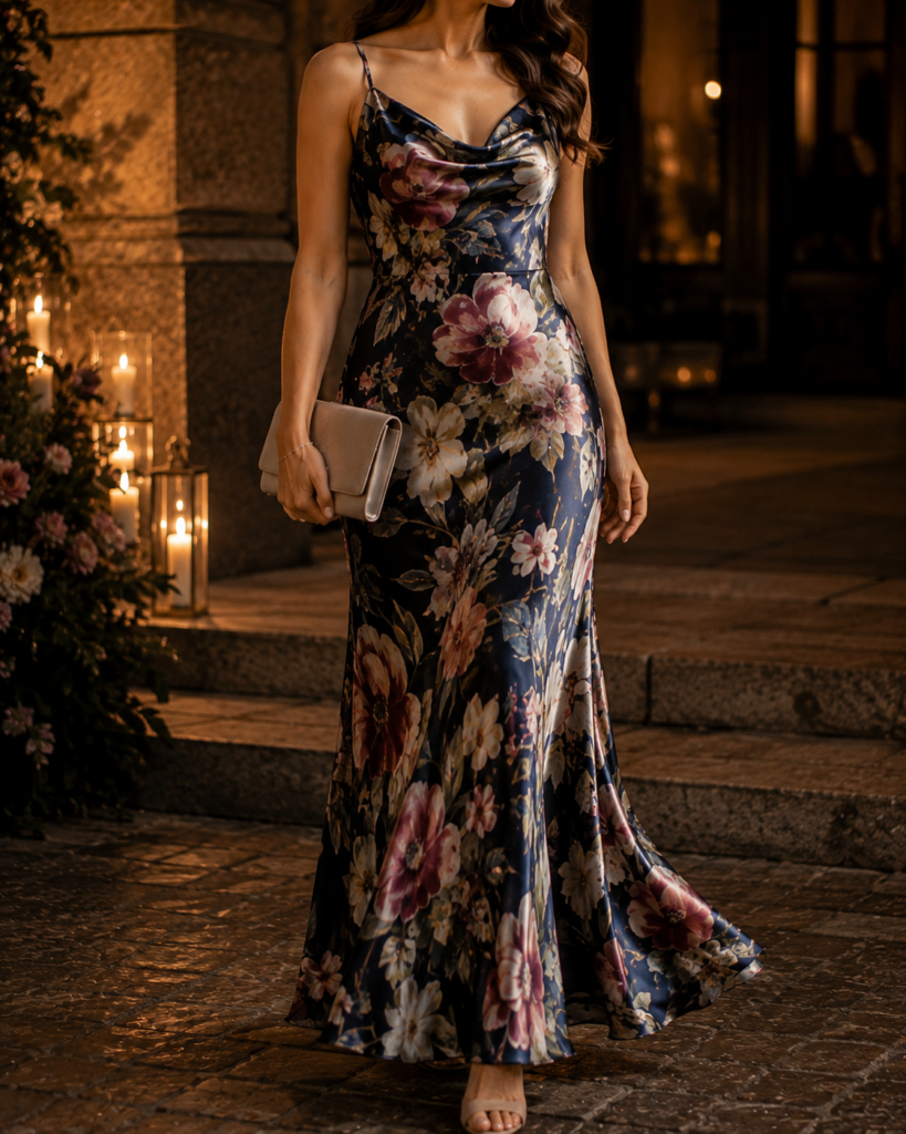 floral satin wedding guest dress