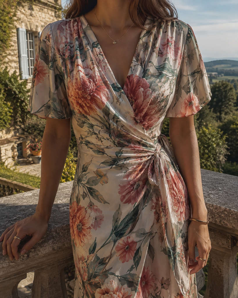 floral wrap wedding guest dress