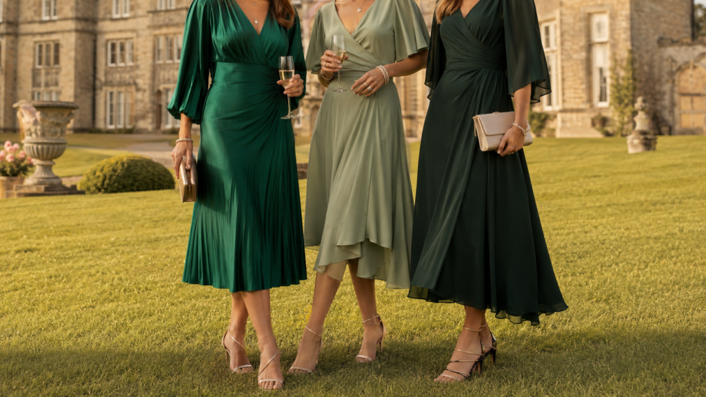 three wedding guests in green dresses at a UK country house wedding