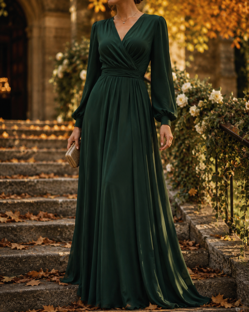 long sleeve green wedding guest dress