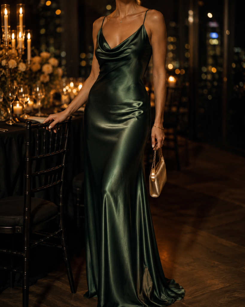 green satin wedding guest dress