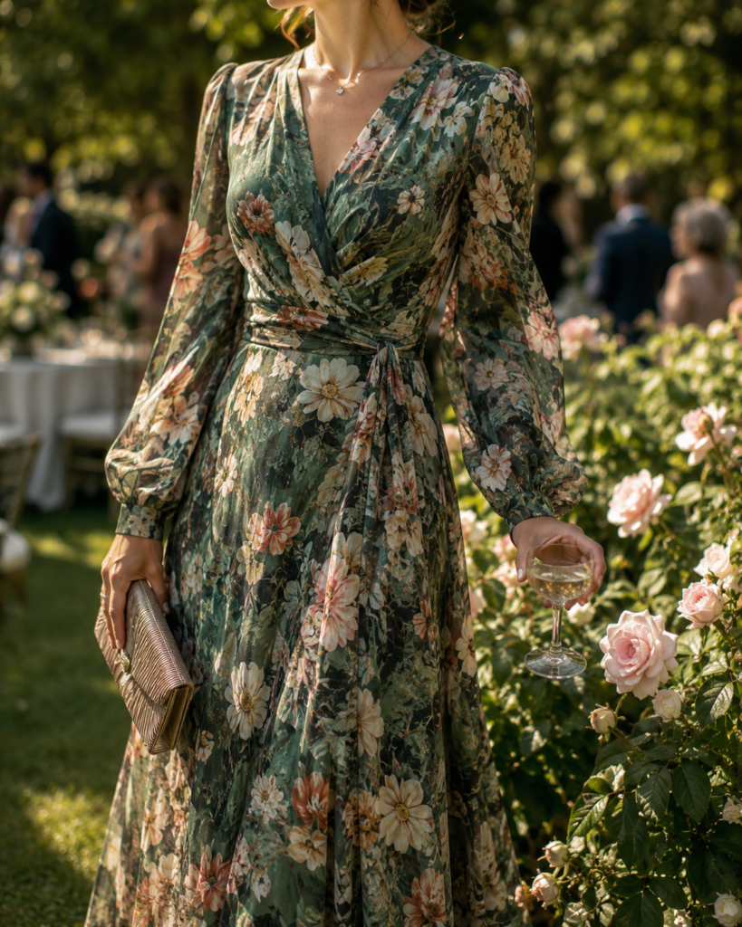 green floral wedding guest dress