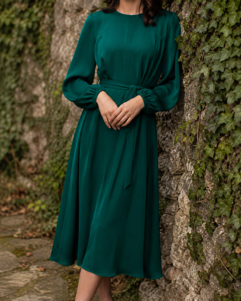 green wedding guest dress with sleeves