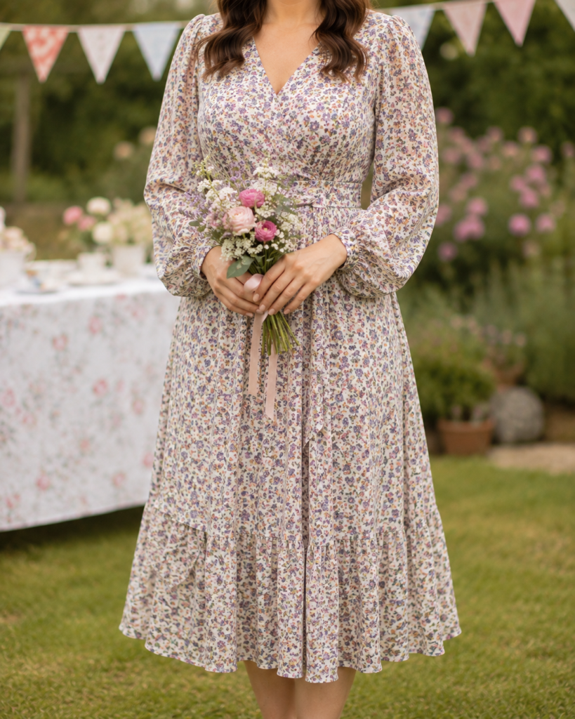 floral long sleeve wedding guest dress