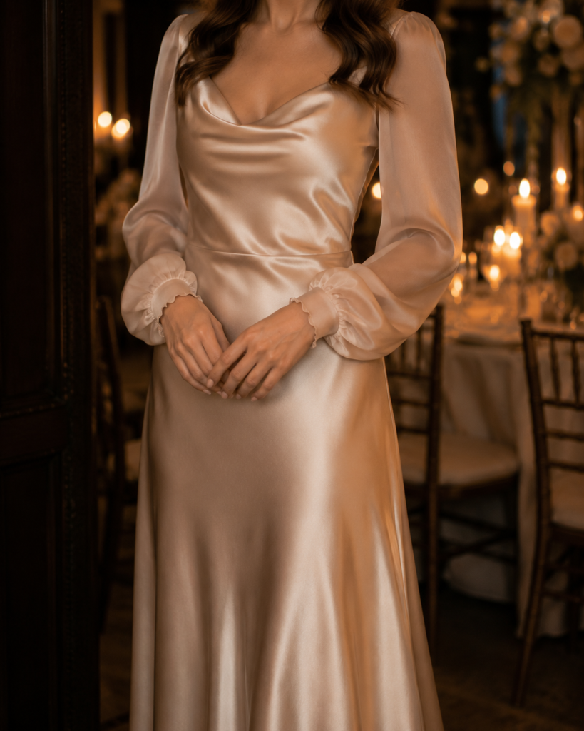 satin wedding guest dress with sleeves