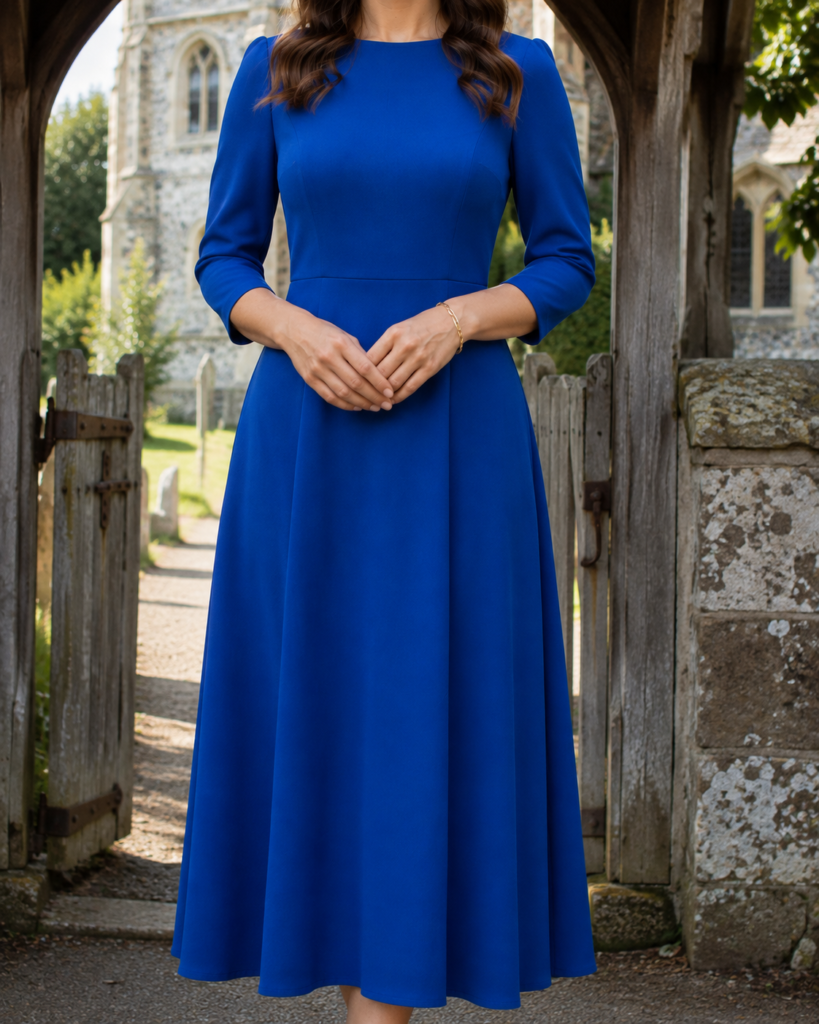three quarter sleeve wedding guest dress