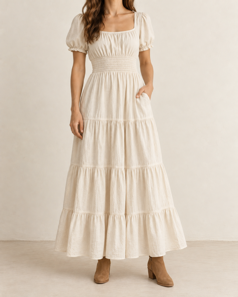cotton flowy tiered maxi dress smocked waist