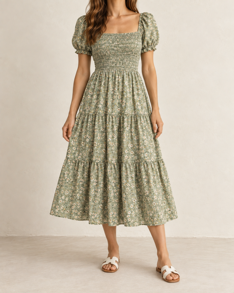 kormei boho floral puff sleeve tiered midi dress