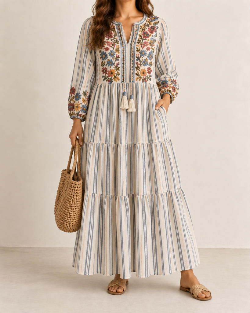 striped floral embroidery tiered boho maxi dress