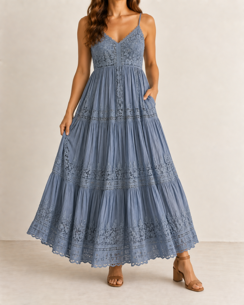 lace embroidered pleated tiered maxi dress