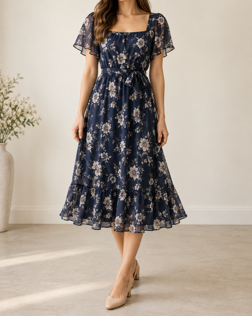 floral chiffon flutter sleeve midi dress — styling illustration