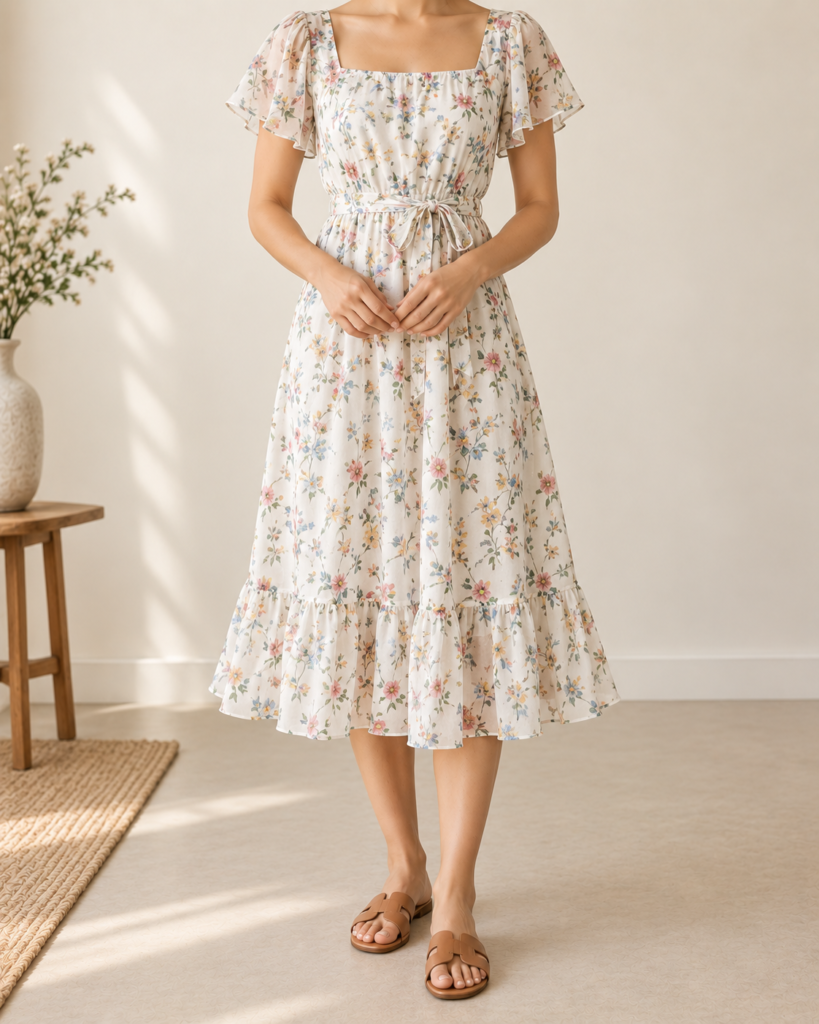 floral chiffon flutter sleeve midi dress in white — styling illustration