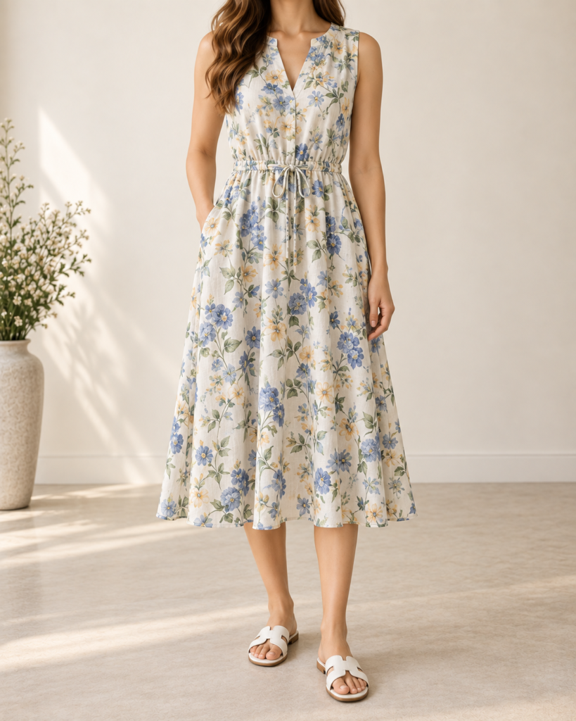 printed split neck sleeveless a-line midi dress — styling illustration