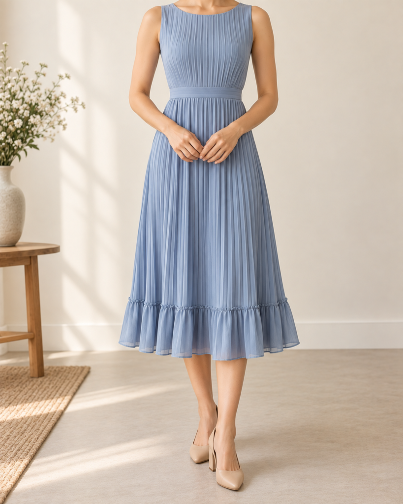 sleeveless pleated ruffle hem midi dress — styling illustration