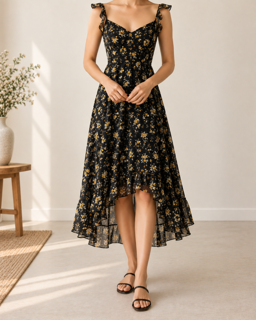 spaghetti strap high low floral a-line midi dress — styling illustration