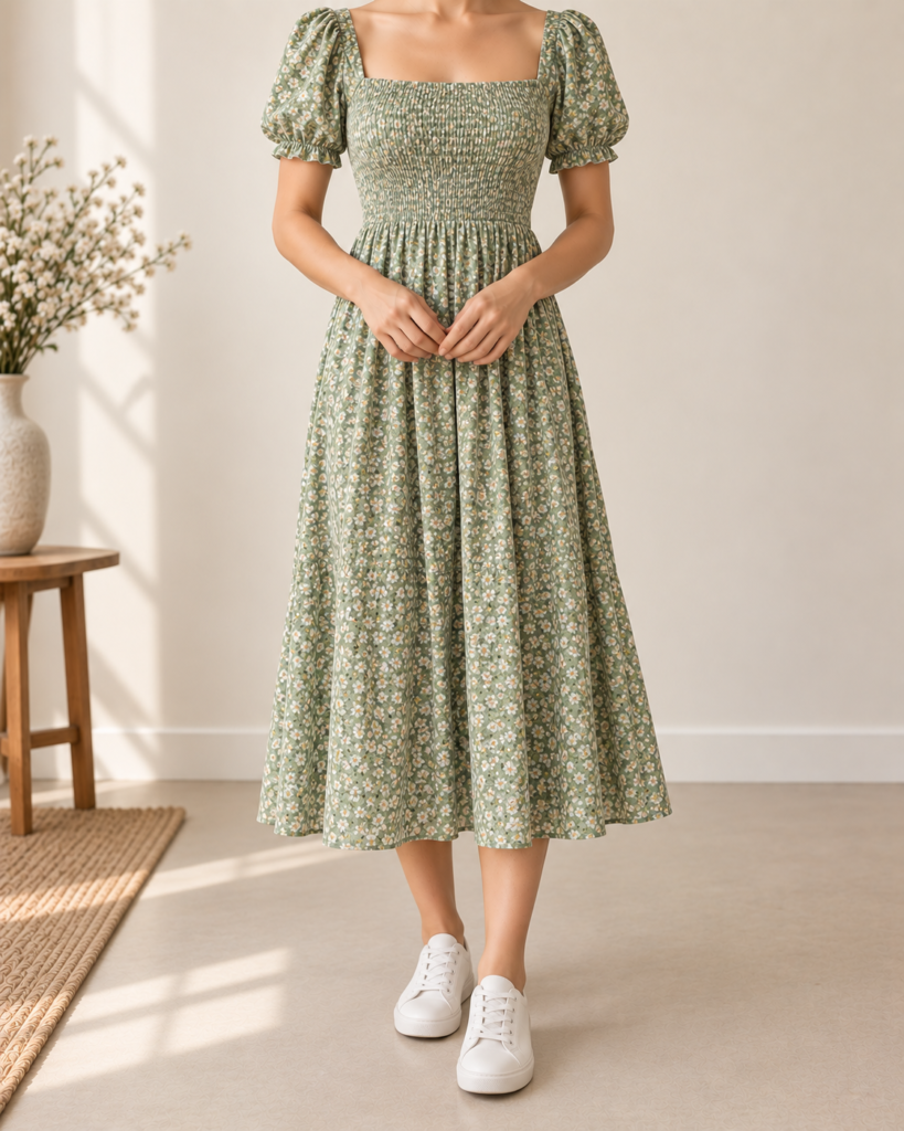 square neck puff sleeve smocked floral midi dress — styling illustration