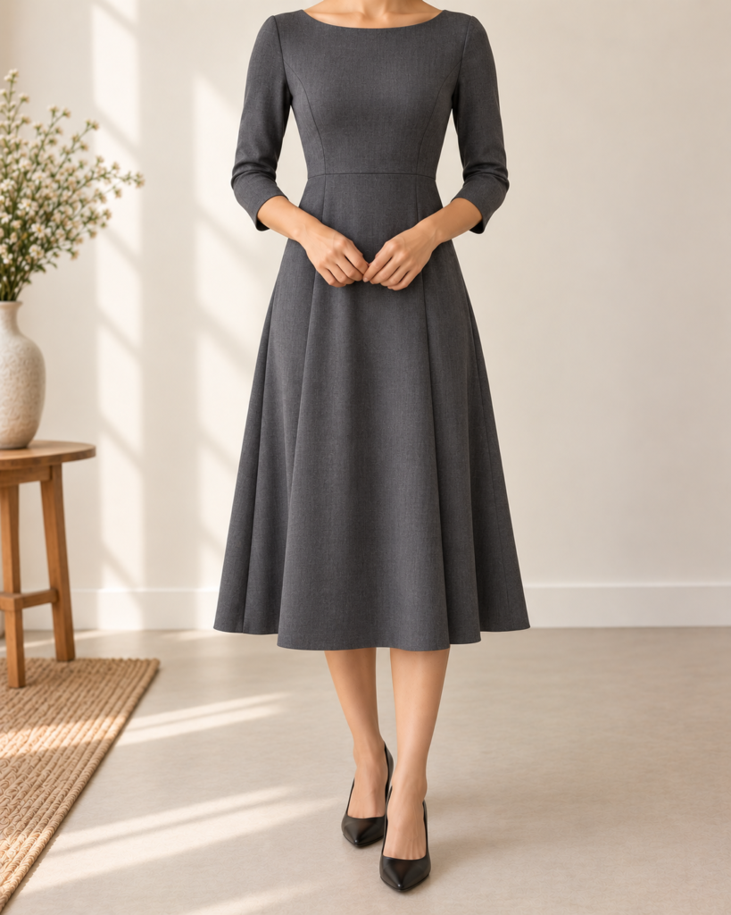 three quarter sleeve a-line work midi dress — styling illustration