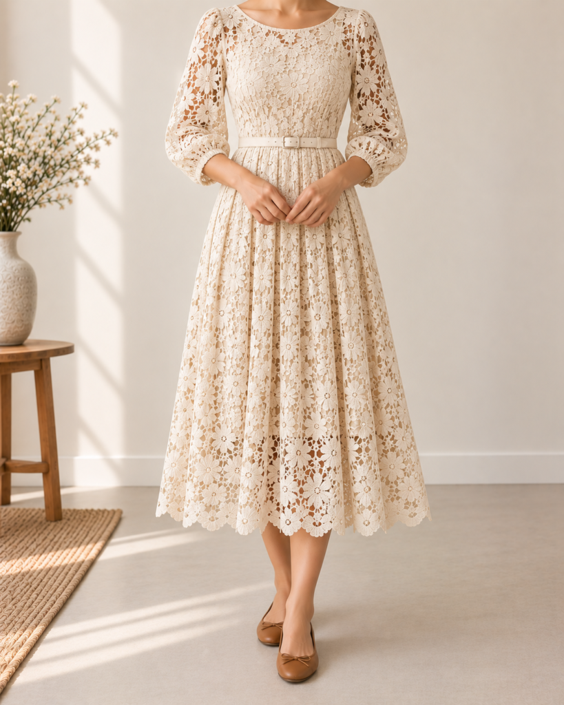 crochet lace lantern sleeve pleated midi dress — styling illustration