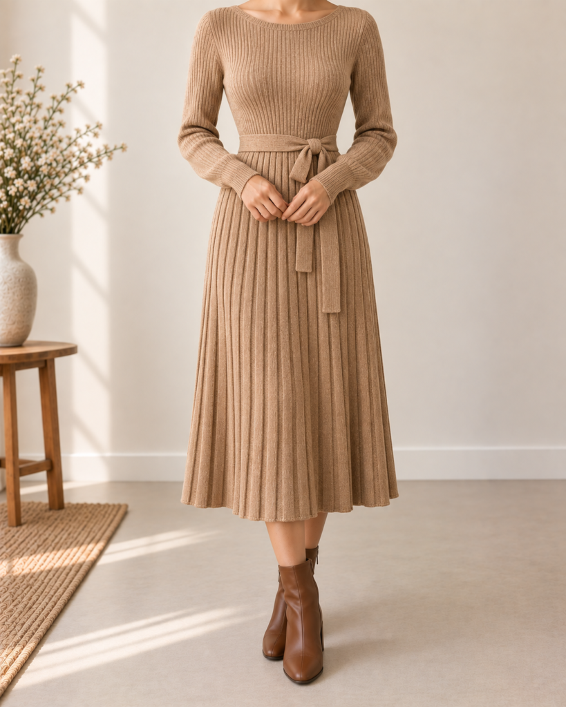 knit pleated belted midi sweater dress — styling illustration