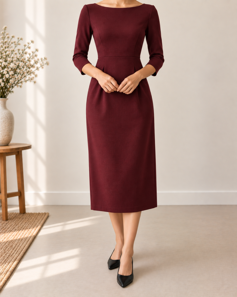 boat neck three quarter sleeve work midi dress — styling illustration